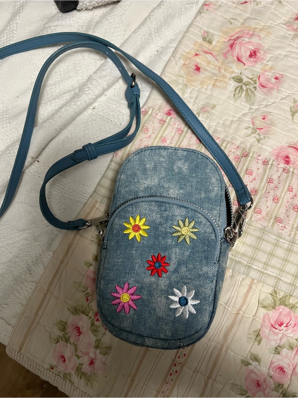 Blue Denim Crossbody Bag with Embroidered Flowers